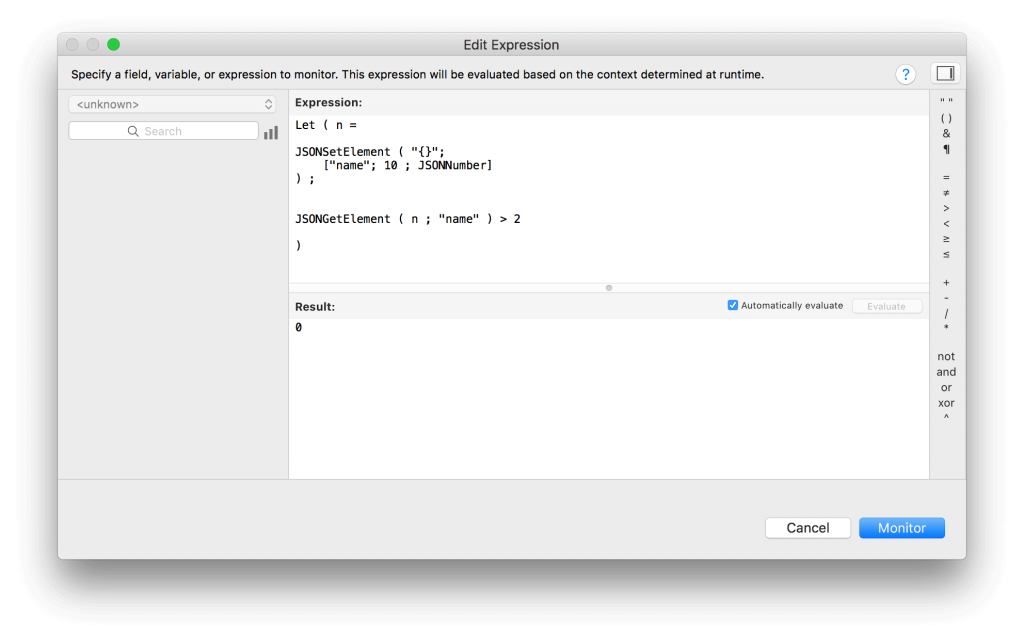FileMaker 16 JSONNumber Script Parameters